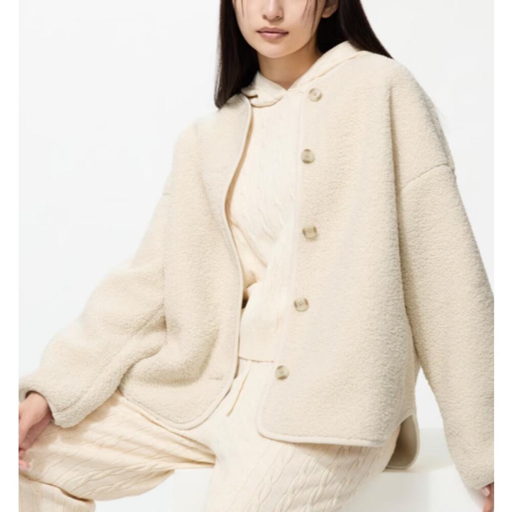 Uniqlo Pile Lined Fleece Relaxed Cardigan in Off White